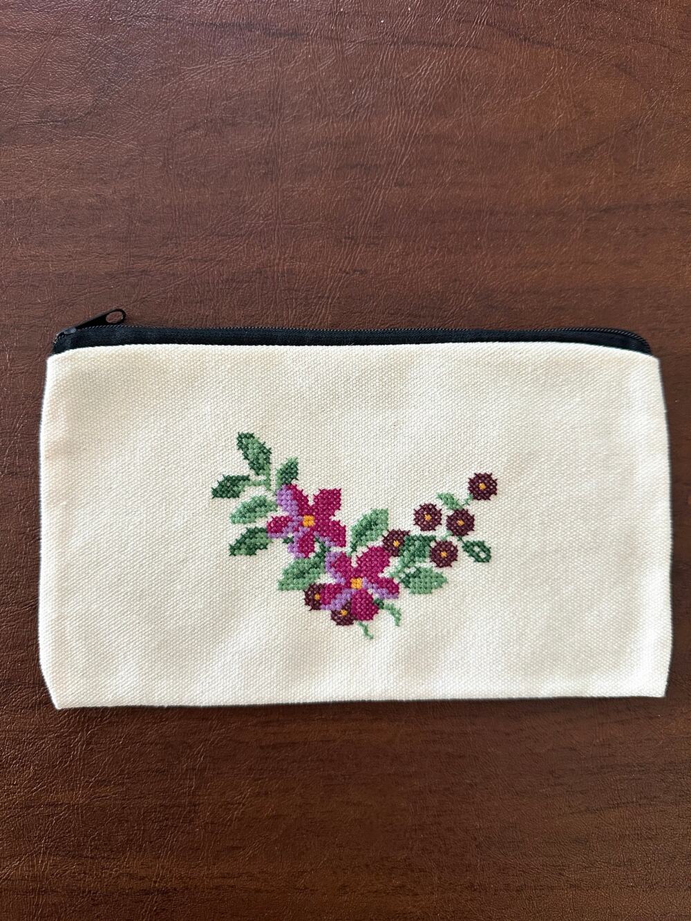 Hand Embroidered Floral Zipper Pouch Needlepoint Cosmetic Bag Boho Cottage